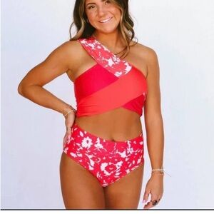 NWT floral sporty swimsuit set red pink poppy
